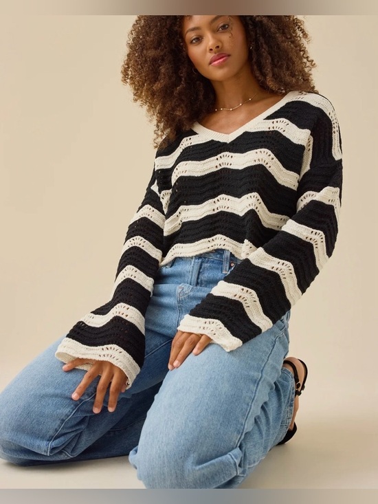 Altar'd State Tops - NWT Altar’d State Cora Textured Sweater Black Cream Striped Crochet Bell Sleeve